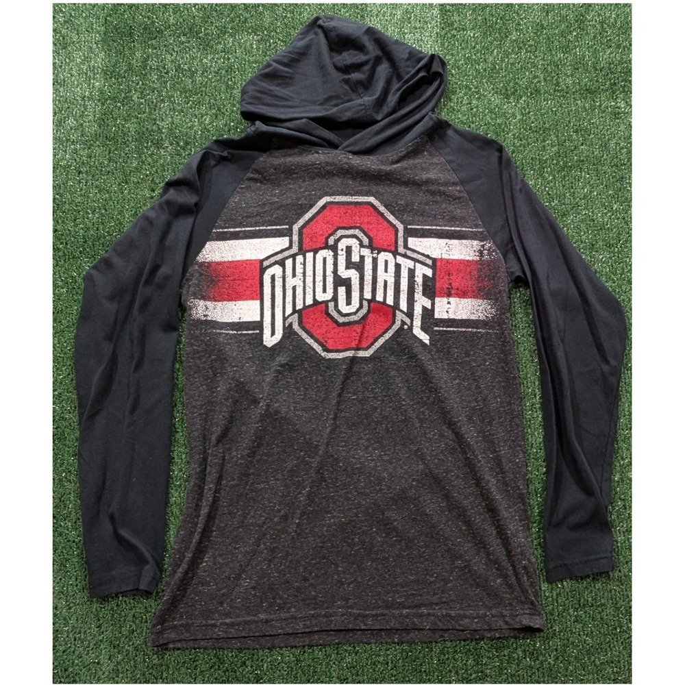 Ohio State Buckeyes Varsity Hooded T-Shirt Mens Small Gray Black Raglan OSU Tee